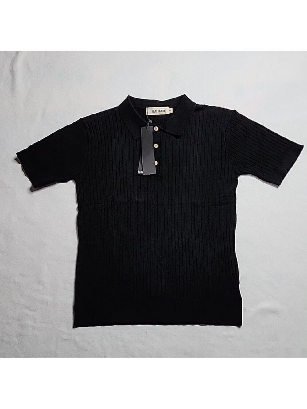 1830 Nwt Black Vertical Knitted Short Sleeve Collar Shirt Size Medium — image 2 of 6